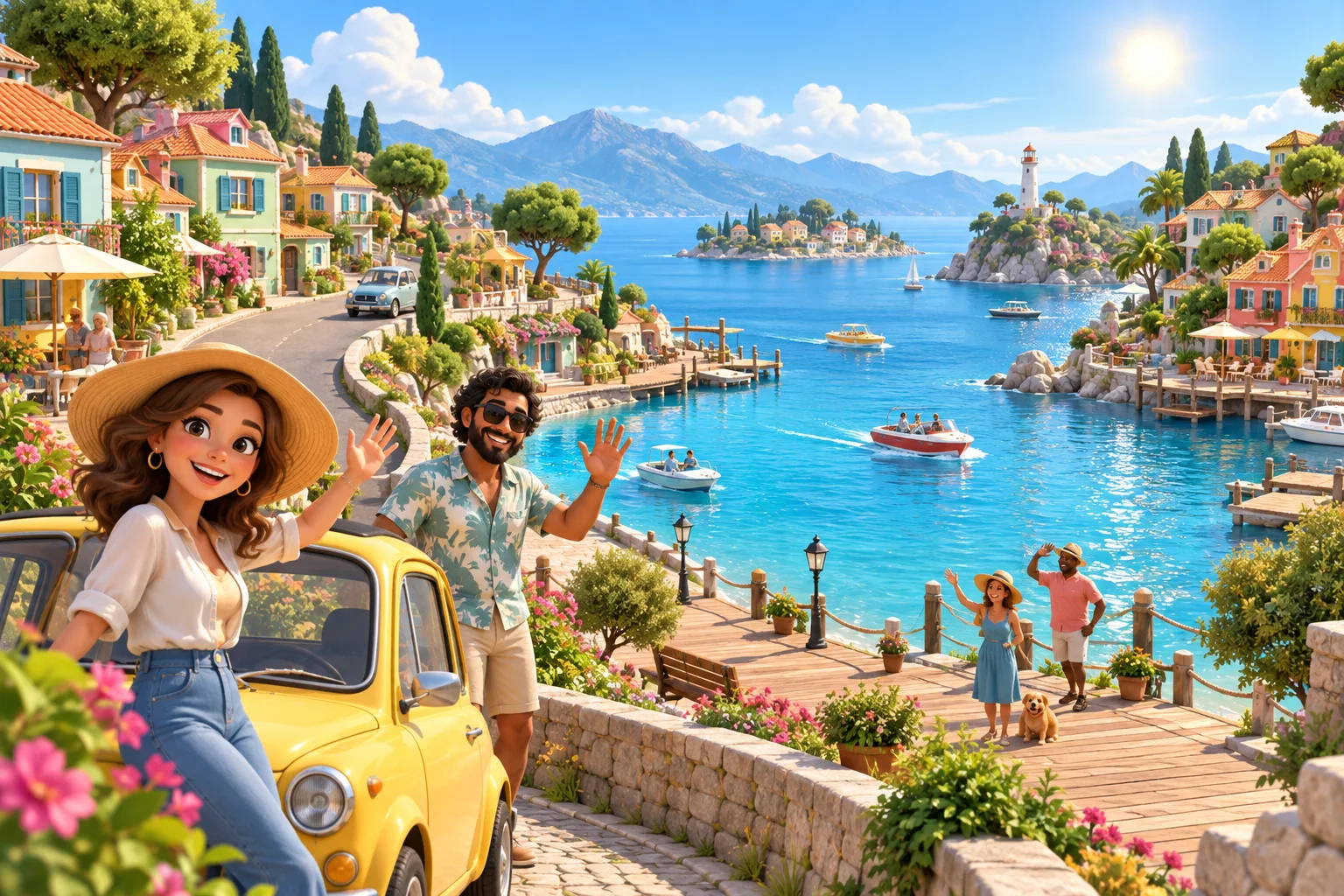 Colorful illustration of neighbors waving beside a sunny bay