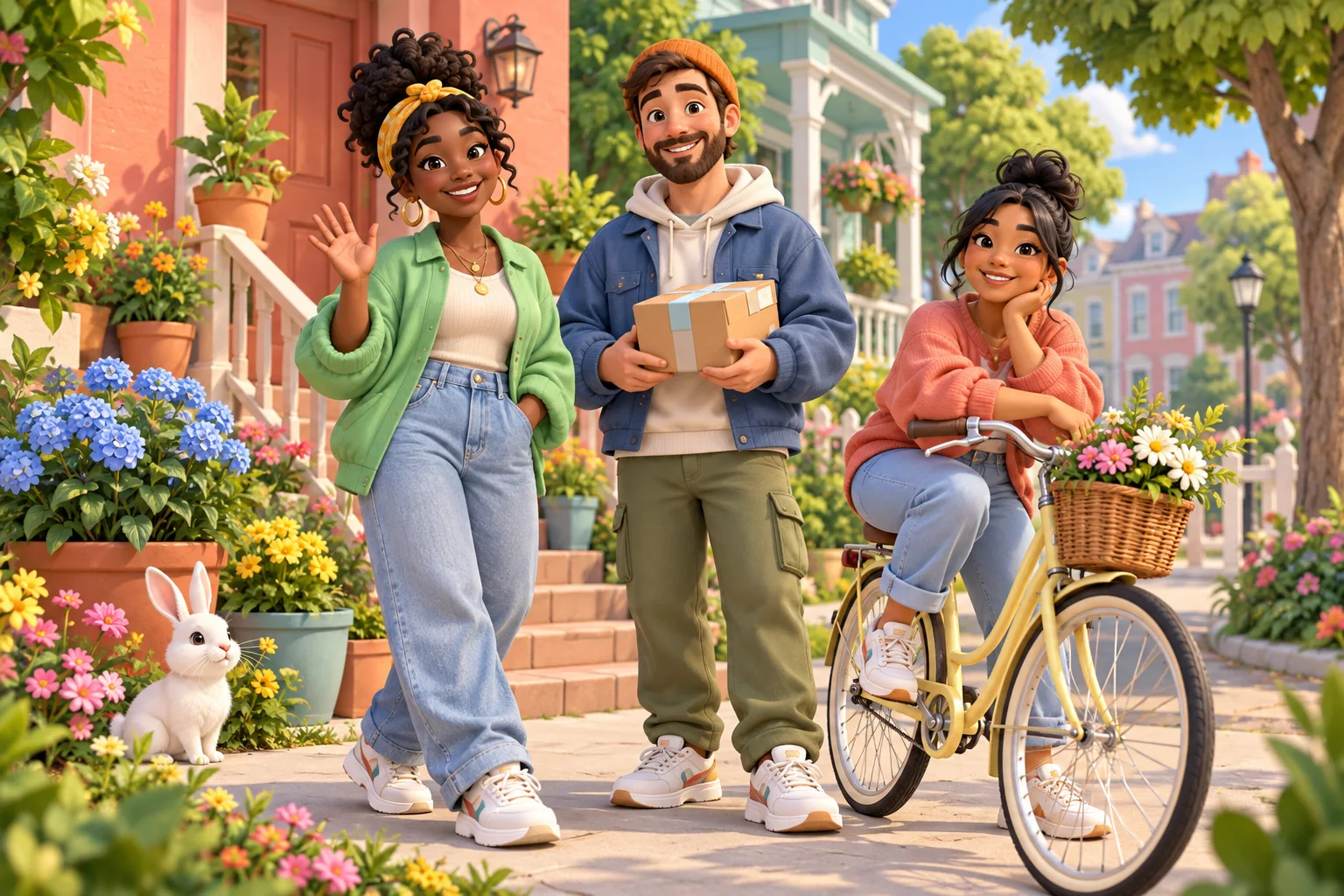 Concept illustration of three neighbors meeting on a bright neighborhood street