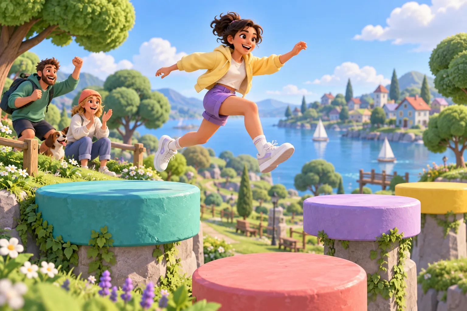 Concept illustration of an avatar jumping between colorful parkour platforms