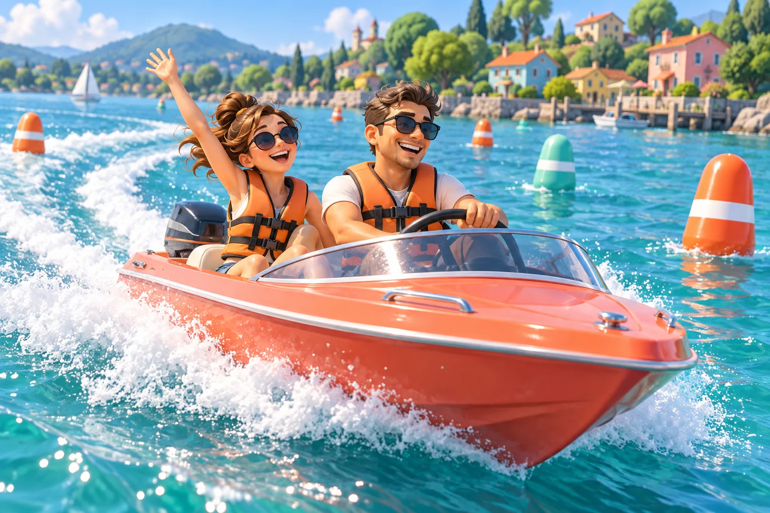Concept illustration of friends racing a colorful motorboat